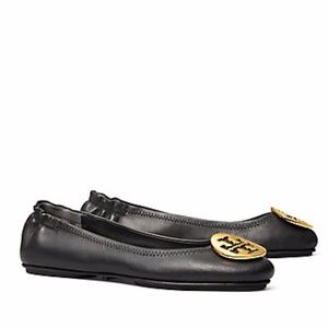 Tory Burch Black Leather Gold Emblem Minnie Travel Ballet Flats Size 7